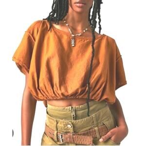 We The Free Free People Cloud 9 Bubble Tee Linen Blend Raw Hem XL‎